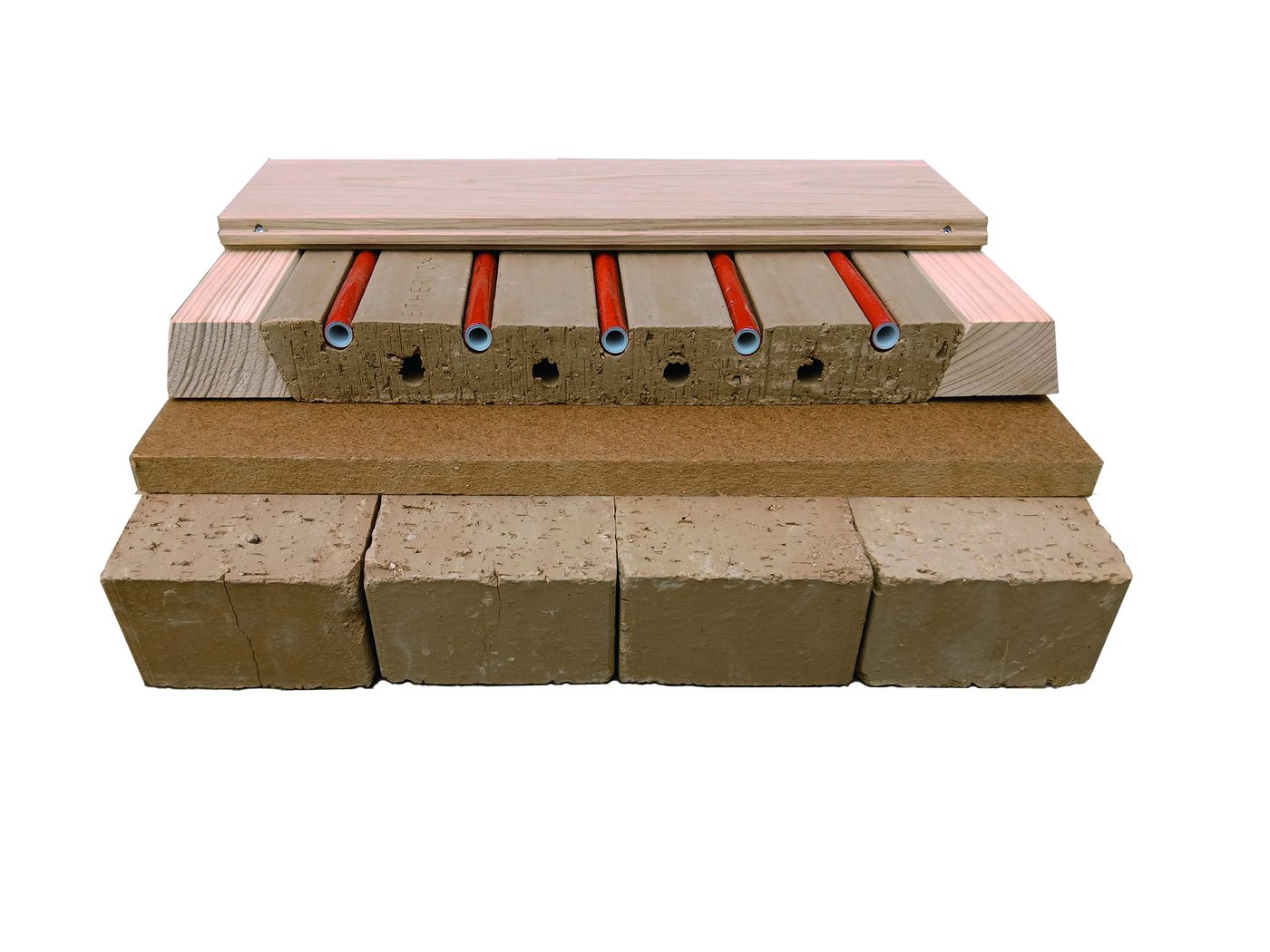 Lethermo Floor-Aufbau auf einer Holzbalkendecke mit Lehmsteinen