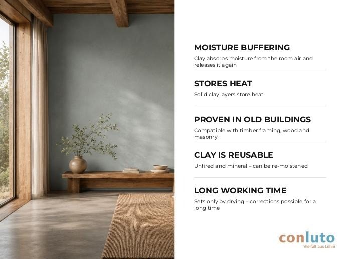 Benefits of clay plaster: moisture buffering, stores heat, proven in old buildings, clay is reusable, long working time