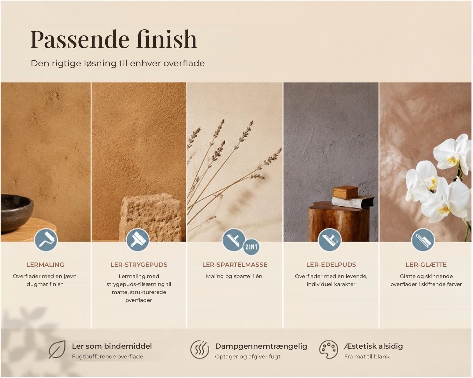Passende finish til lerpuds: lermaling, ler-strygepuds, ler-spartelmasse, ler-edelpuds, ler-glætte