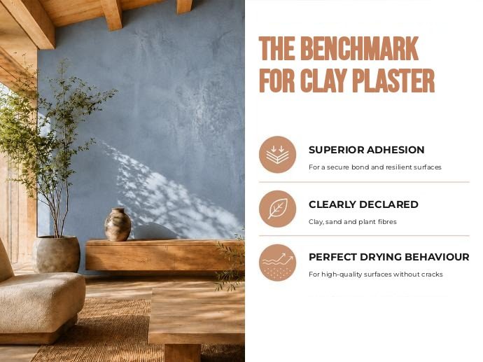 conluto clay plaster: superior adhesion, clearly declared (clay, sand, plant fibres), perfect drying behaviour