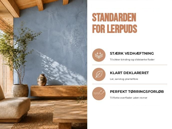 conluto lerpuds: stærk vedhæftning, klart deklareret (ler, sand, plantefibre), perfekt tørringsforløb